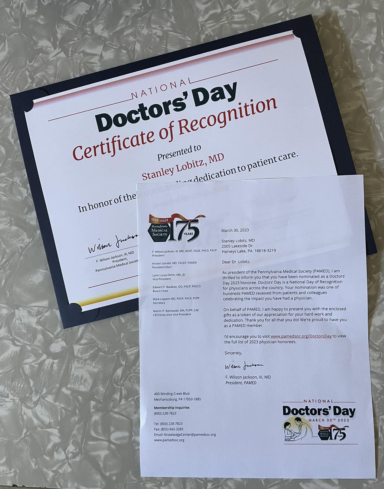 National Doctors' Day Certificate of Recognition presented to Stanley Lobitz, MD by the Pennsylvania Medical Society, 2023